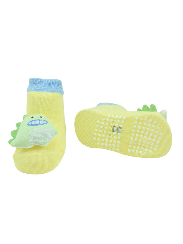 Joyful Dino Doll Head Baby Ankle Socks in Cotton Comfort for Boys - Yellow - Front & Back View