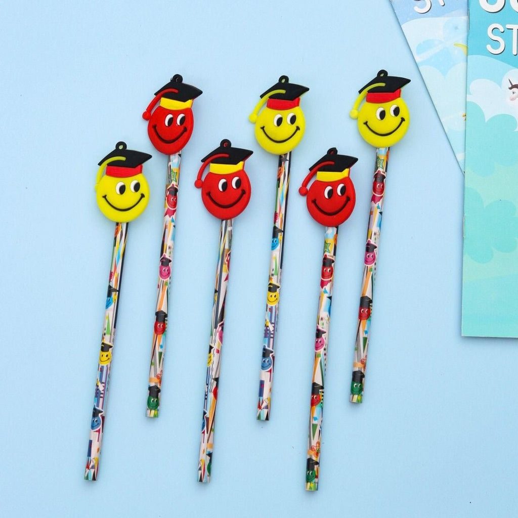 Pack of Yellow Bee Pencils with Red and Yellow Smiley Motifs