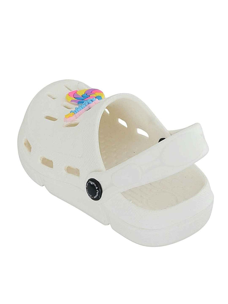 Joyful White Clogs with Colorful Candy & “Happy” Charms for Girls-Back View