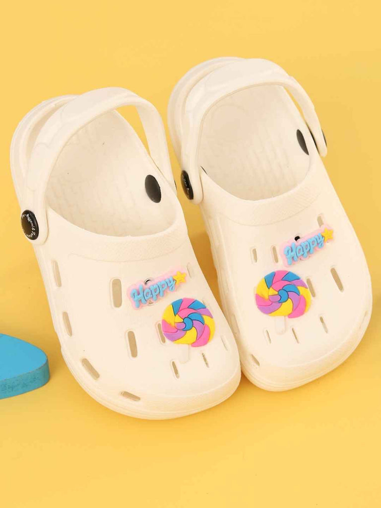 Joyful White Clogs with Colorful Candy & “Happy” Charms for Girls-Creative View