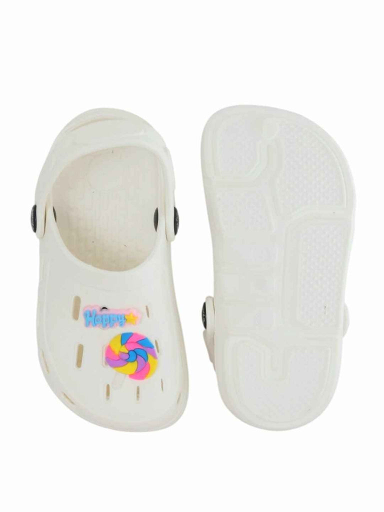 Joyful White Clogs with Colorful Candy & “Happy” Charms for Girls-Front & Back View