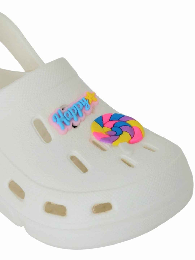 Joyful White Clogs with Colorful Candy & “Happy” Charms for Girls-Close up view