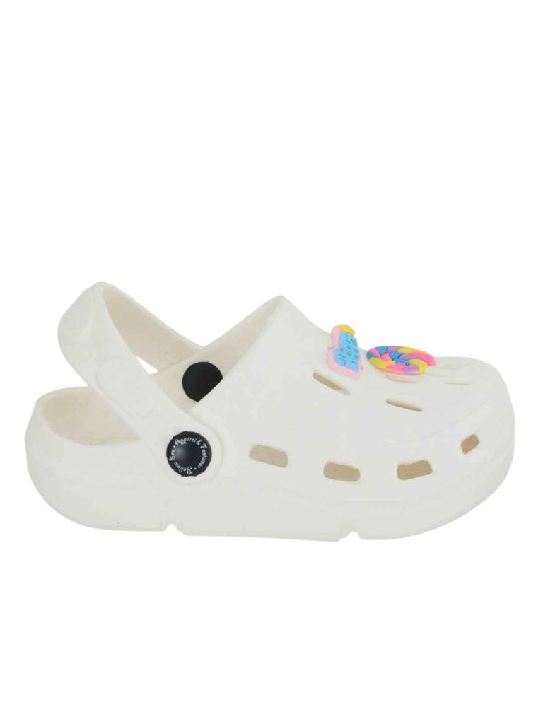 Joyful White Clogs with Colorful Candy & “Happy” Charms for Girls-Side View