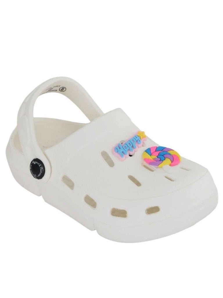 Joyful White Clogs with Colorful Candy & “Happy” Charms for Girls-Angle View