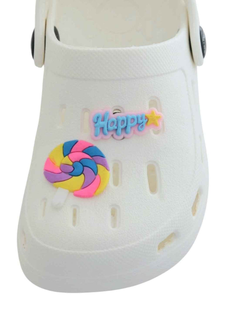 Joyful White Clogs with Colorful Candy & “Happy” Charms for Girls-Front View