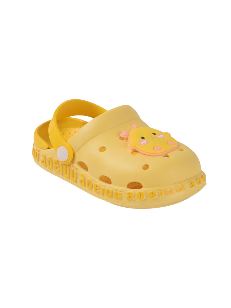 Vibrant yellow children's clogs featuring a charming duckling design with a cozy fit.