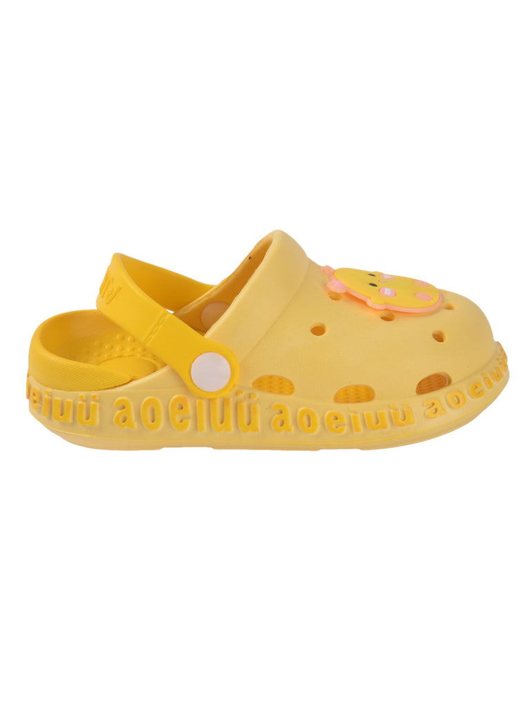 Side view of yellow kids' clogs showcasing an endearing duckling figure and airy holes for breathability.