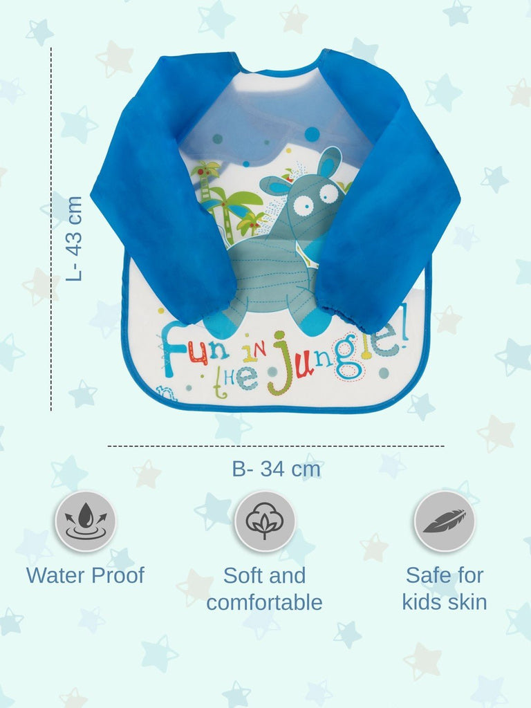 Size and Detailed image showing the texture and colorful print of the Jungle Adventure long-sleeve baby bib.