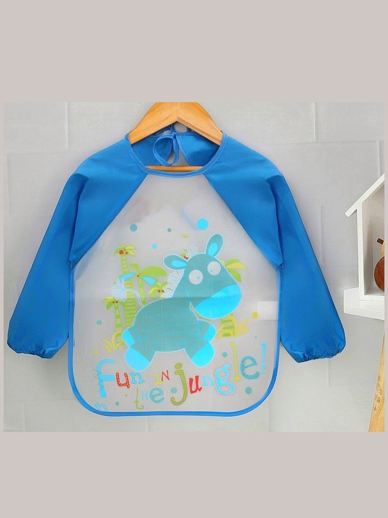 Jungle Adventure long-sleeve baby bib displayed with a playful Jungle design and vibrant blue sleeves.