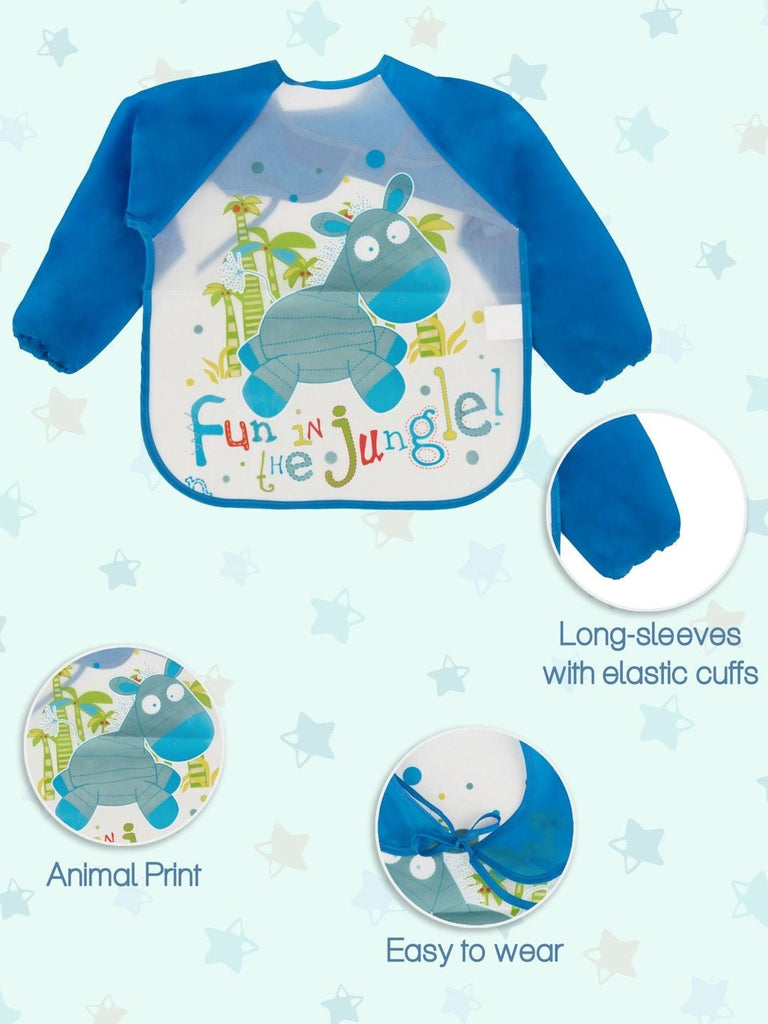 Detailed image showing the texture and colorful print of the Jungle Adventure long-sleeve baby bib.