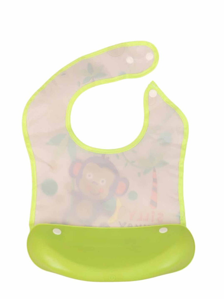 Jungle Fun Baby Bib – Green Waterproof Bib with Monkey Print & Catcher Pocket-Back View