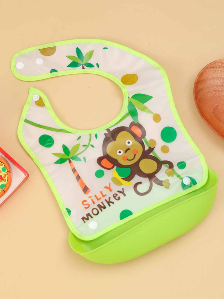 Jungle Fun Baby Bib – Green Waterproof Bib with Monkey Print & Catcher Pocket-Creative View