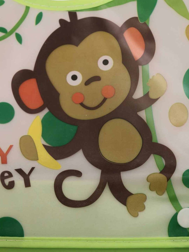 Jungle_Fun_Baby_Bib_Green_Waterproof_Bib_with_Monkey_Print_Catcher_Pocket_Closeup Design View