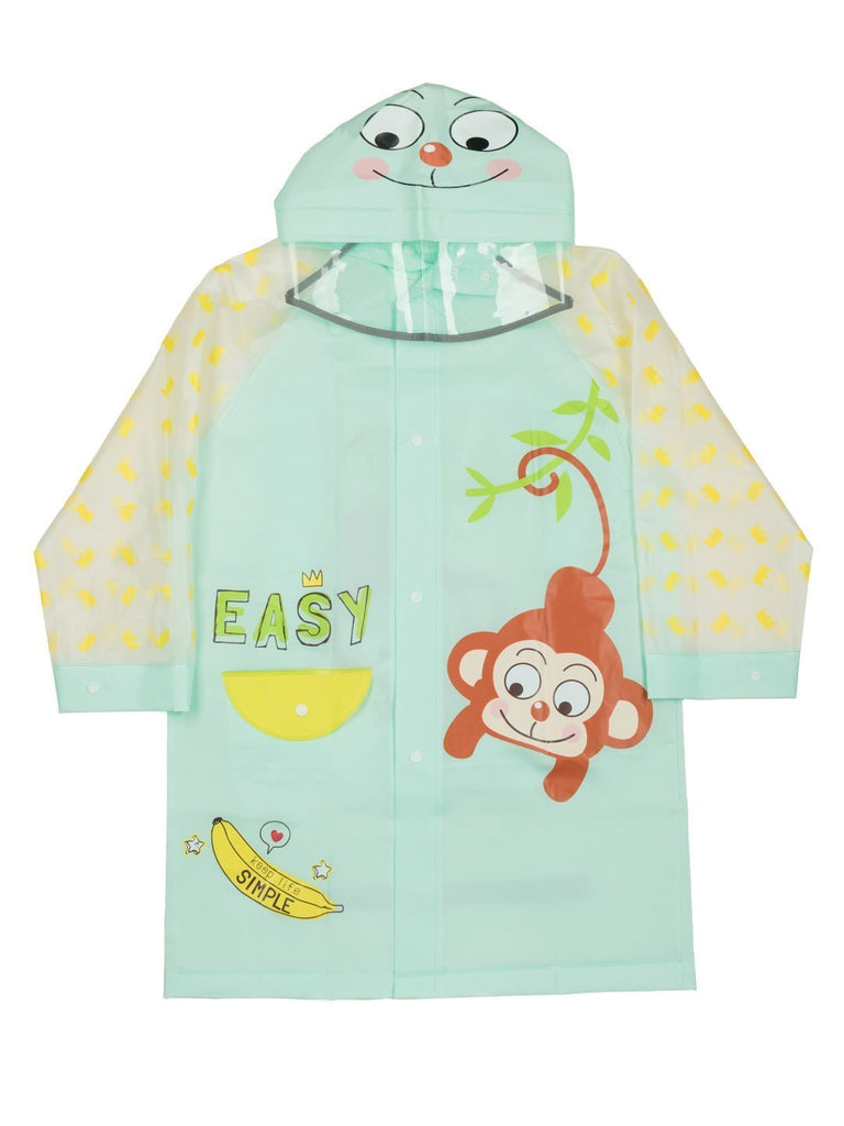 Front view of the Jungle Jamboree Raincoat for girls featuring a playful monkey design and vibrant colors. Front View