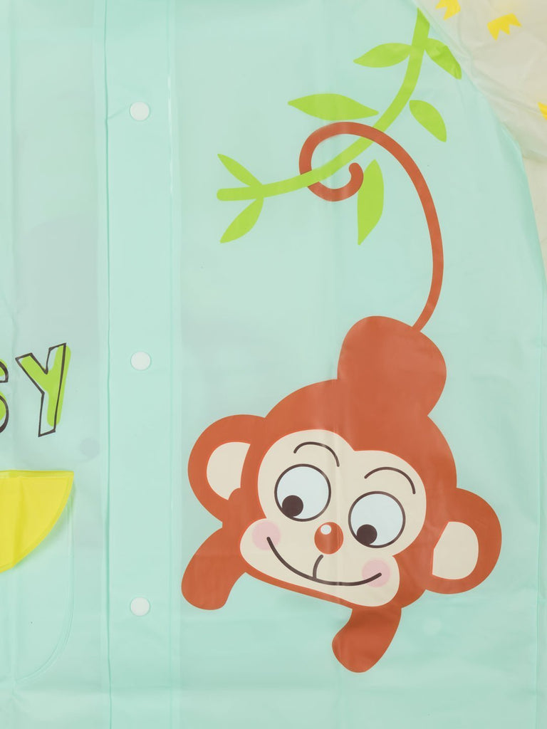 Close-up of the playful monkey design on the Yellow Bee Jungle Jamboree Raincoat for girls.