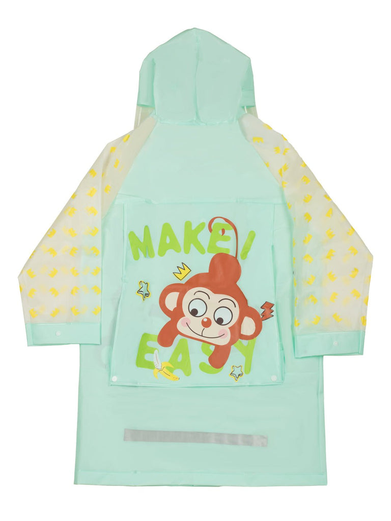 Back view of the Jungle Jamboree Raincoat for girls, showing the full playful monkey design and patterned sleeves.