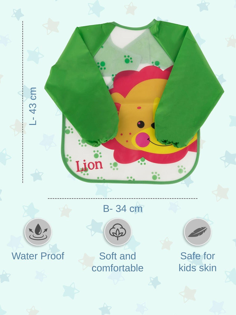 Detailed size chart and features of Jungle Joy Long-Sleeve Lion Baby Bib