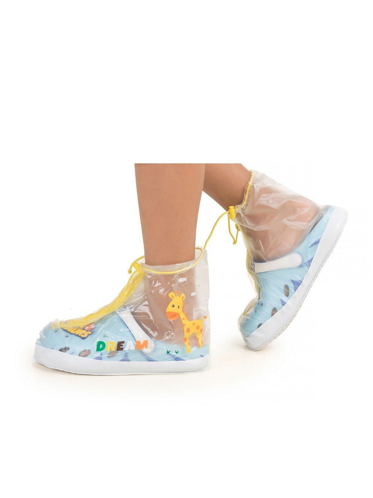 Front and back view of Yellow Bee Jungle Safari Transparent Rain Shoe Covers for Boys.