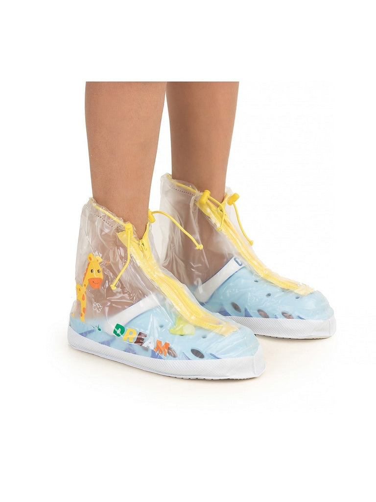 Side angle view of Yellow Bee Jungle Safari Transparent Rain Shoe Covers for Boys featuring giraffe design.