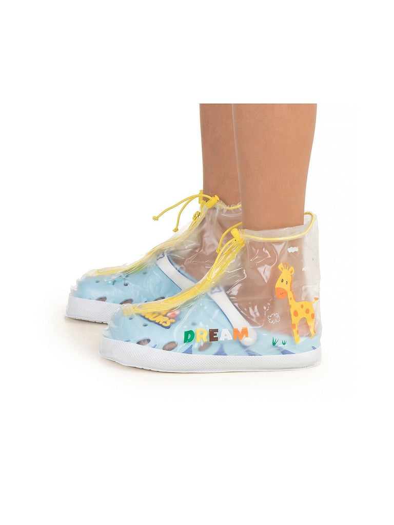 Full side view of Yellow Bee Jungle Safari Transparent Rain Shoe Covers for Boys.