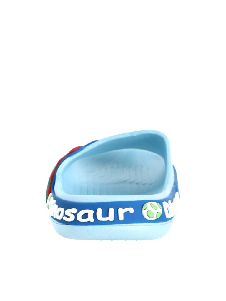 Jurassic Junior Slides: Blue Dinosaur Applique Slides for Kids-Back View