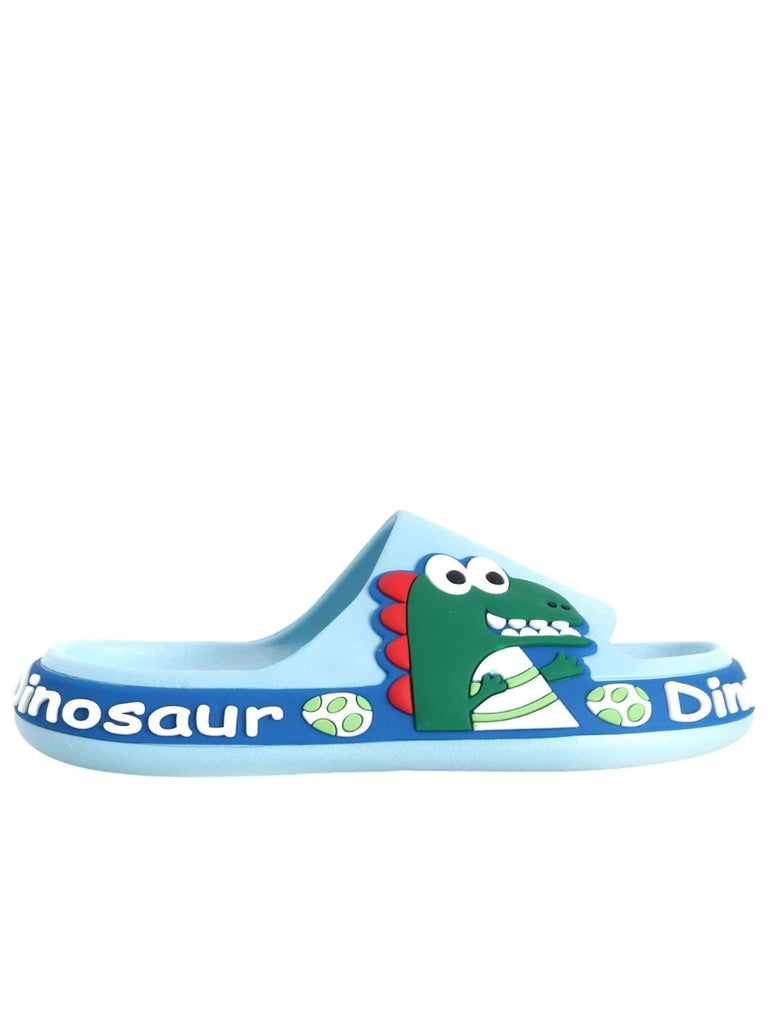 Jurassic Junior Slides: Blue Dinosaur Applique Slides for Kids-Side View