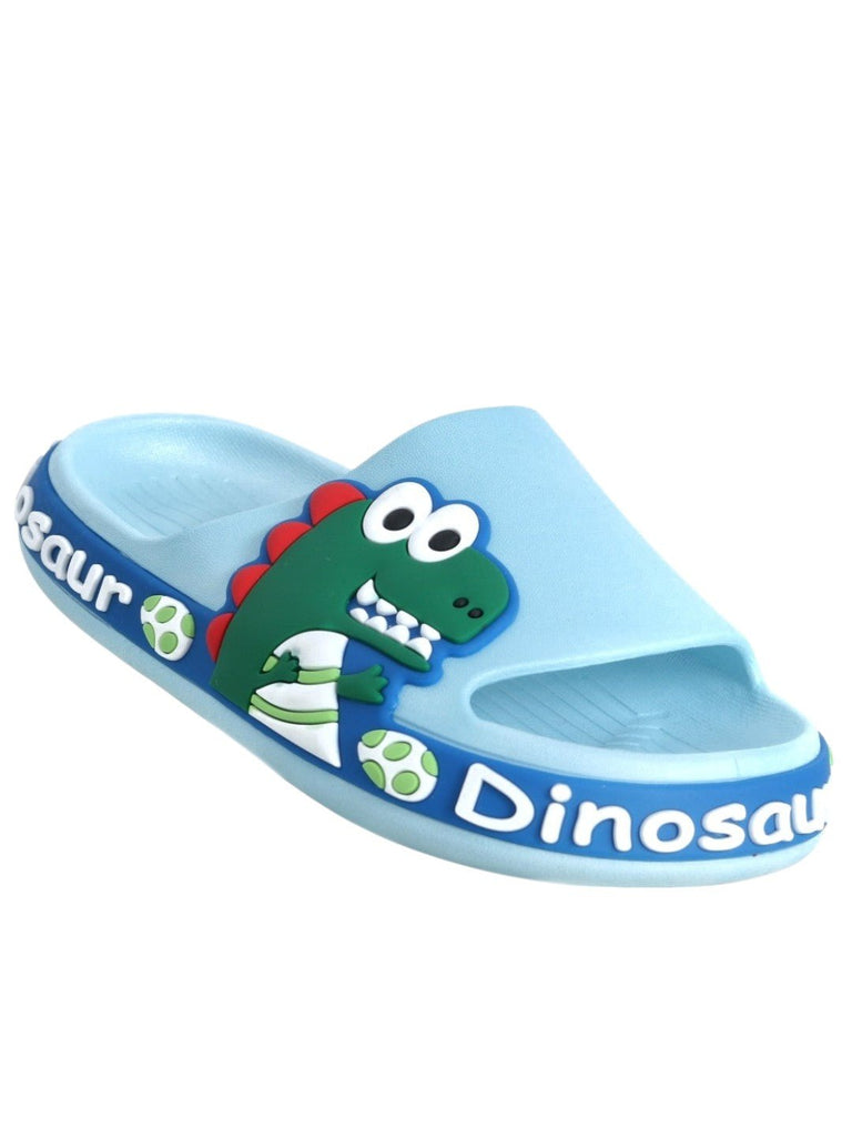 Jurassic Junior Slides: Blue Dinosaur Applique Slides for Kids-Angle View