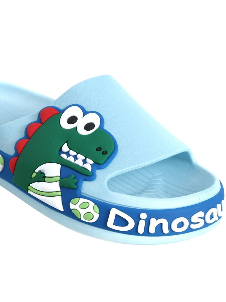 Jurassic Junior Slides: Blue Dinosaur Applique Slides for Kids-Close up View