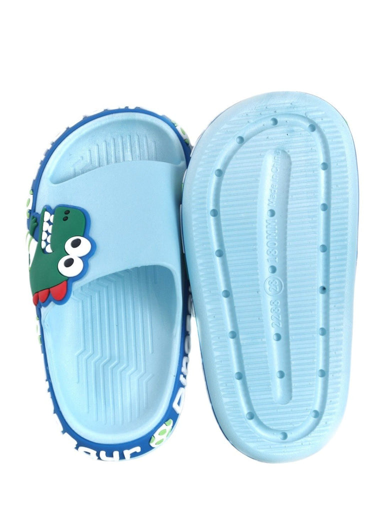 Jurassic Junior Slides: Blue Dinosaur Applique Slides for Kids-Front & Back View