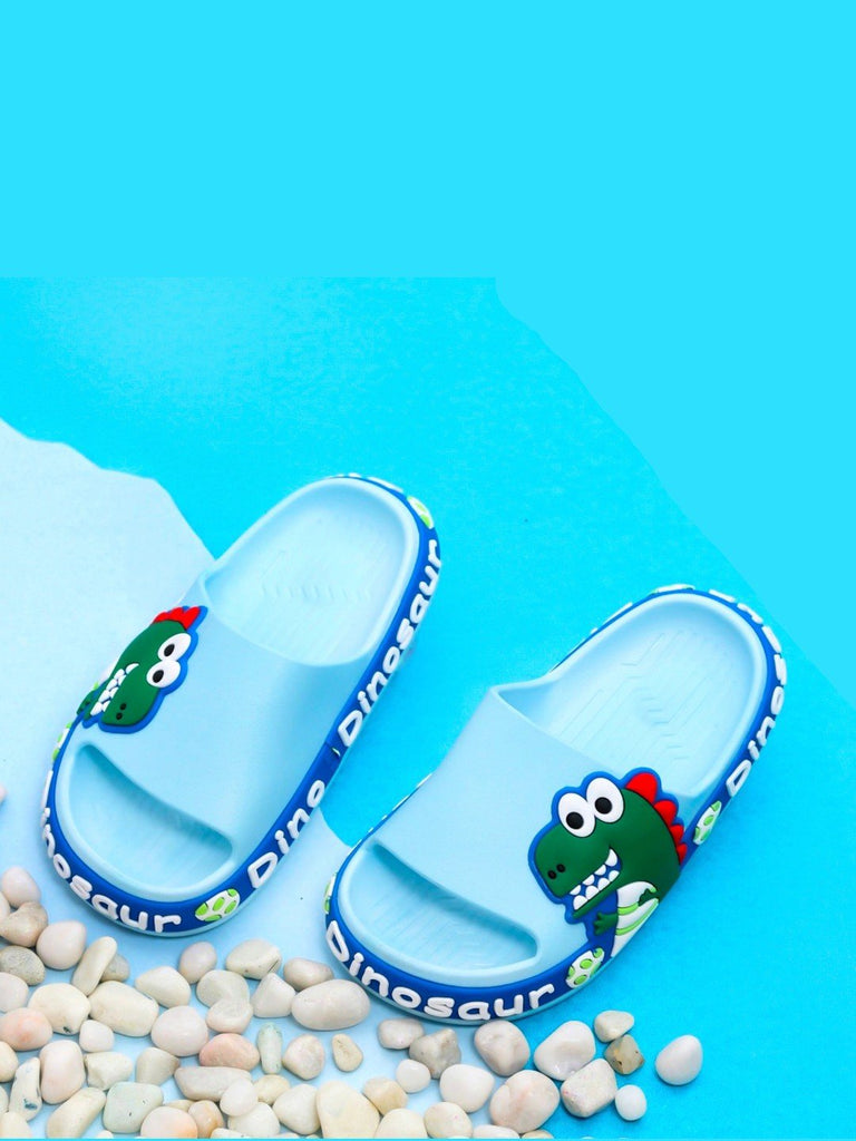 Jurassic Junior Slides: Blue Dinosaur Applique Slides for Kids-creative view