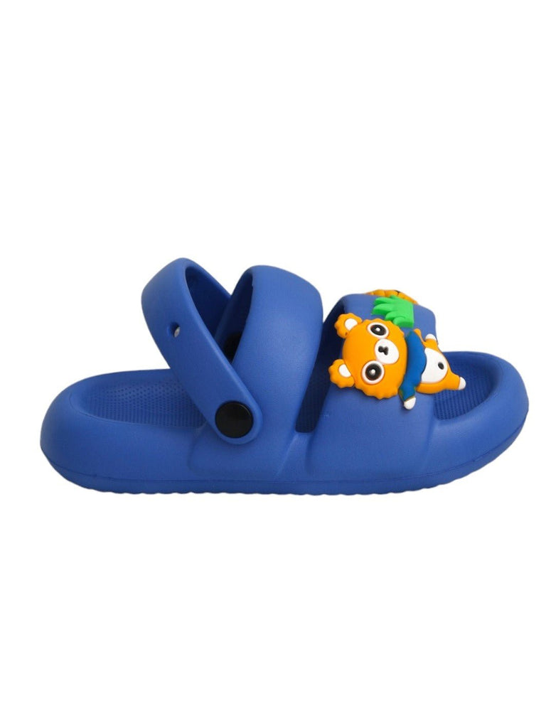 Side Profile of Blue Teddy Bear Sandals with Secure Sling Back