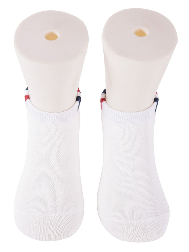 Top view of white ankle socks on mannequins with red and navy stripe accents