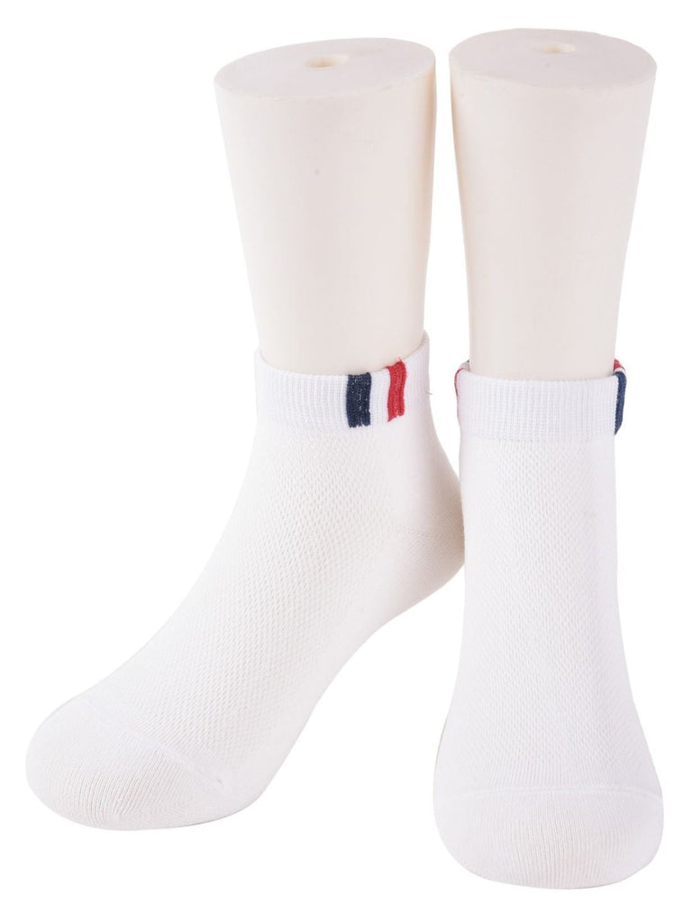 Kids' white ankle socks displayed on mannequin feet with red and navy stripes