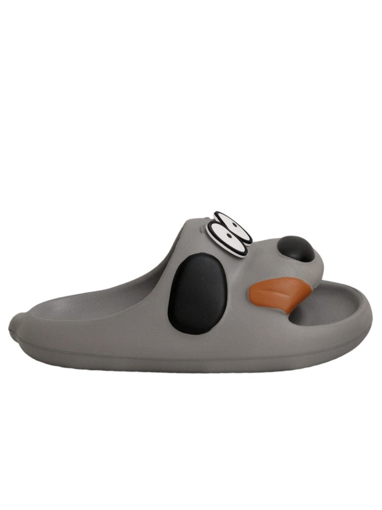 Side view of Yellow Bee's Kids' Sliders in grey with a cute puppy face, perfect for a fun and active day.