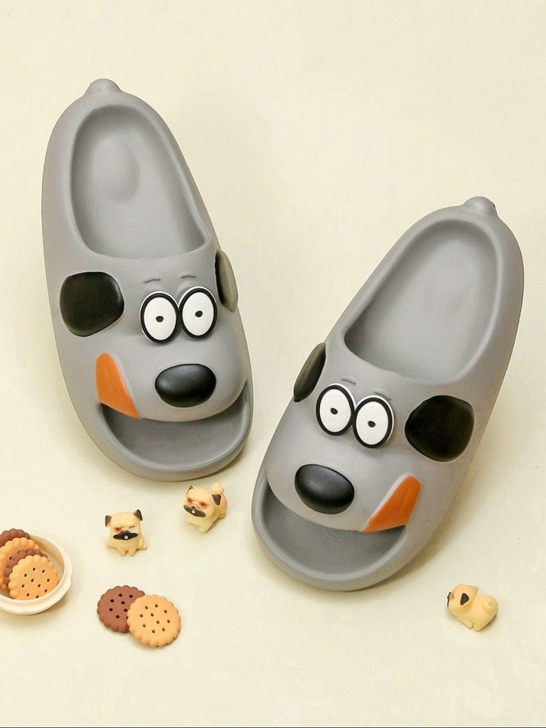 Creative presentation of Yellow Bee's Grey Sliders with a puppy design alongside playful toys for a child-friendly theme.