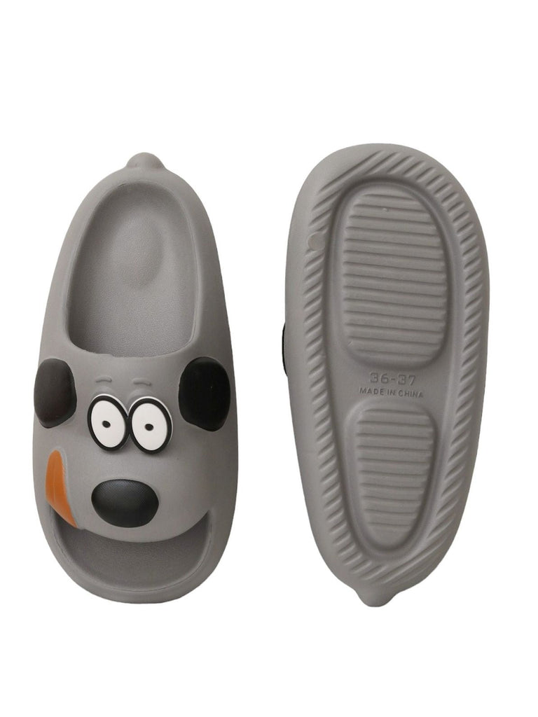 Top and bottom view of Yellow Bee's Grey Puppy Kids' Sliders, showcasing the anti-skid sole