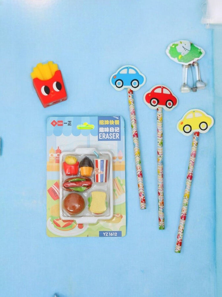 Yellow_Bee_Stationery_Set_for_Kids_with_1_Set_of_Fast_Food_Eraser_3_Car_Motif_Pencils_and_1_Fries_Sharpner..