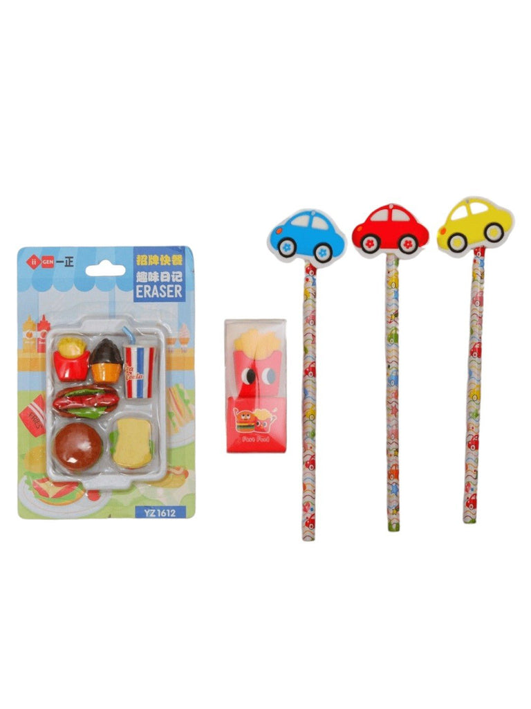 Yellow_Bee_Stationery_Set_for_Kids_with_1_Set_of_Fast_Food_Eraser_3_Car_Motif_Pencils_and_1_Fries_Sharpner