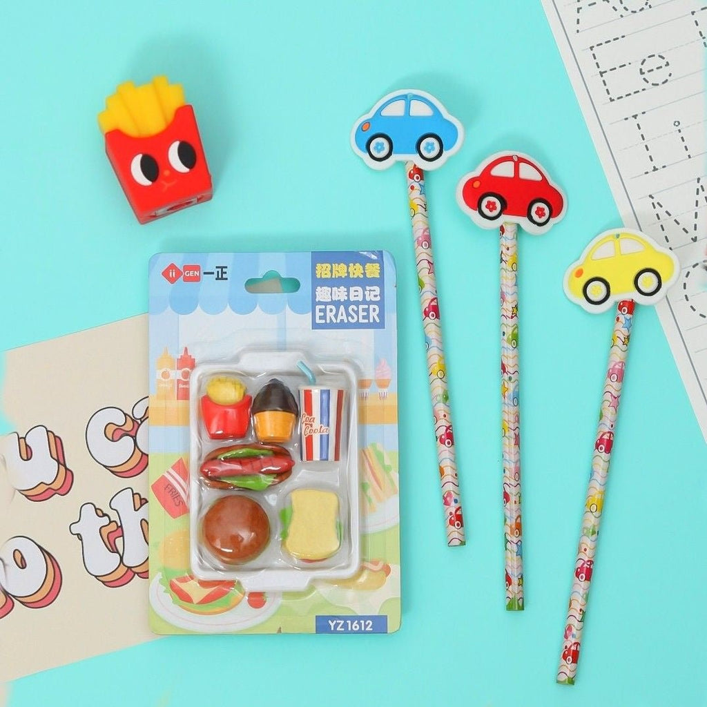 Yellow Bee kids' stationery set with fast food eraser, car motif pencils, and fries sharpener on a colorful background.