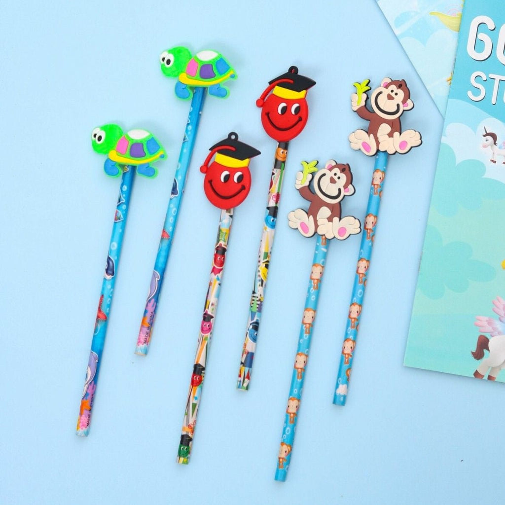 Display of Yellow Bee pencils pack of six with various animal motifs for boys.