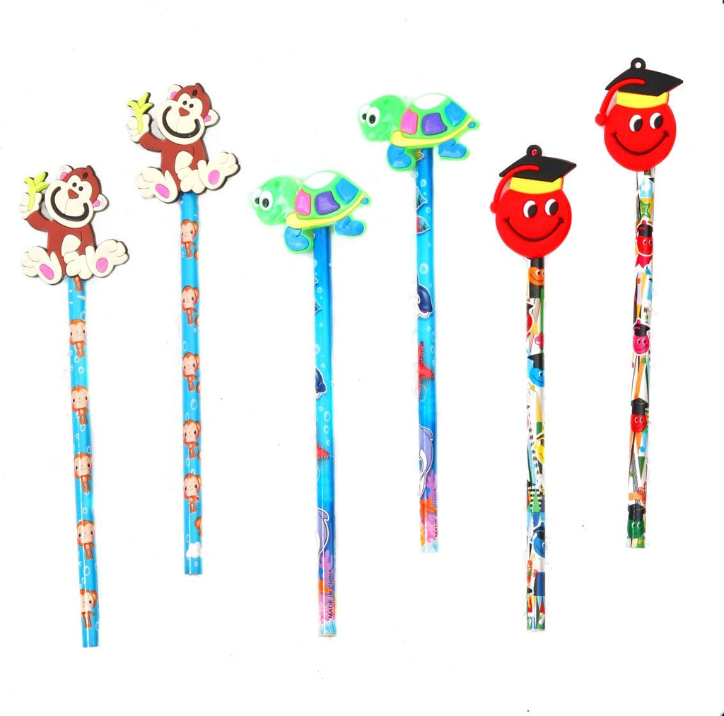 Top view of Yellow Bee pencils pack of six with colorful animal motifs for children.