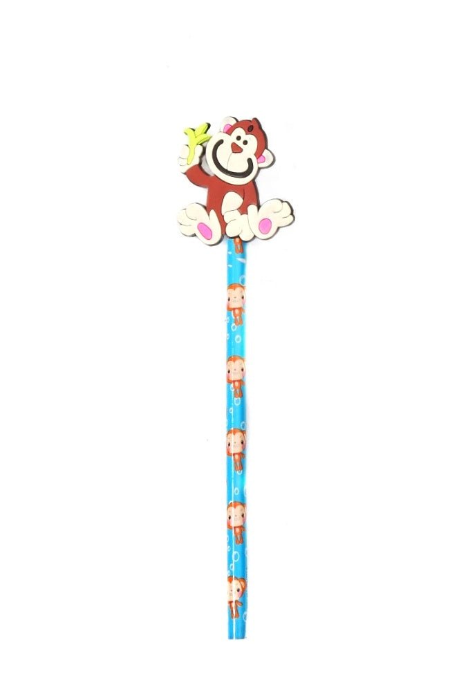 Top view of Yellow Bee pencil with a fun monkey motif for kids.