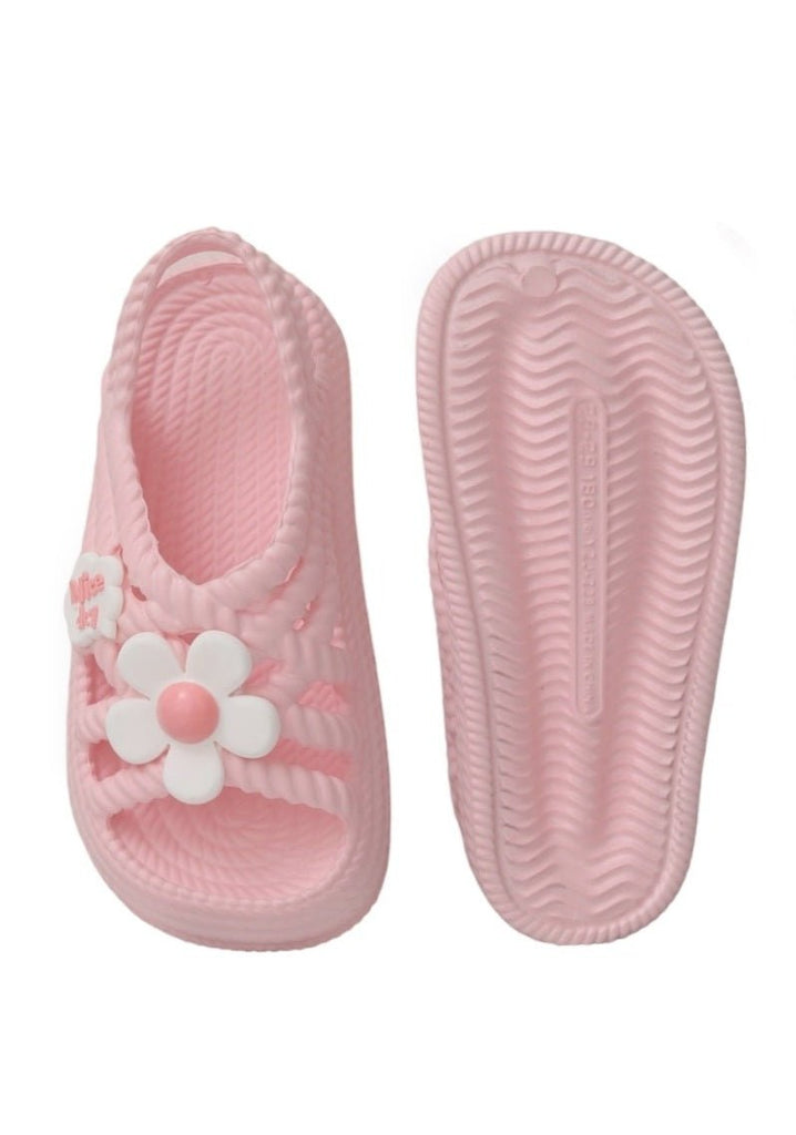 Top and bottom perspective of Yellow Bee Pink Sandals with floral embellishments, showing the comfortable insole and sole traction.