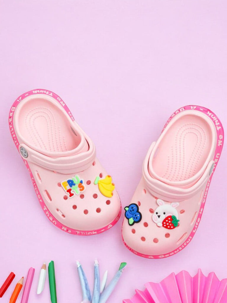 Kids' Pink Clogs with Colorful Strawberry and Banana Fruit Design