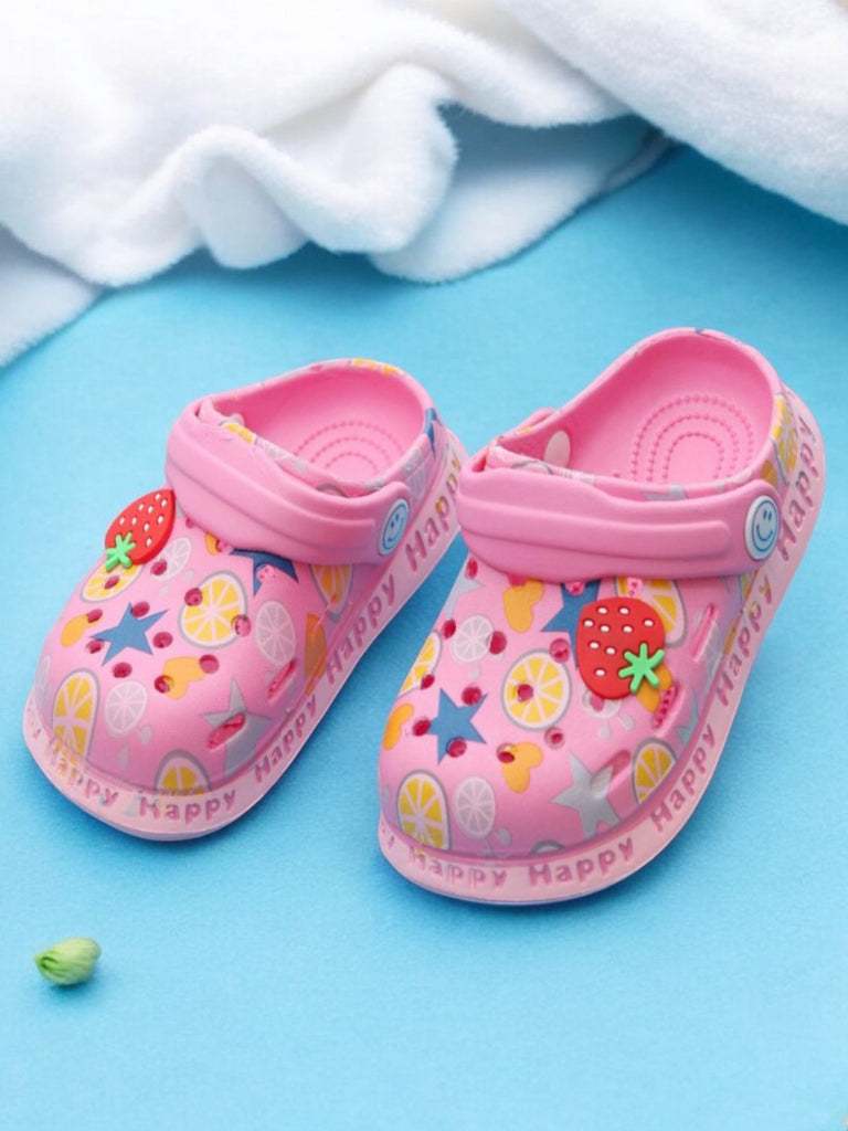 Kids' Pink Clogs with Strawberry and Citrus Motif on a Fun Background-main..