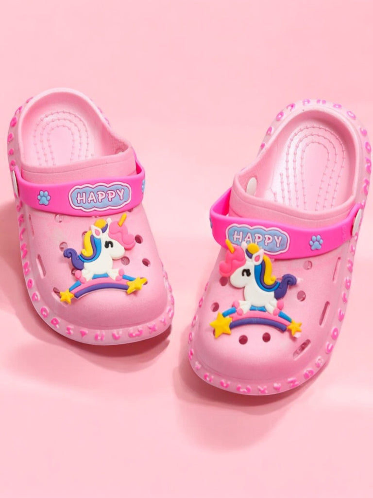 Kids' Pastel Pink Clogs with Unicorn Design and 'HAPPY' Strap..