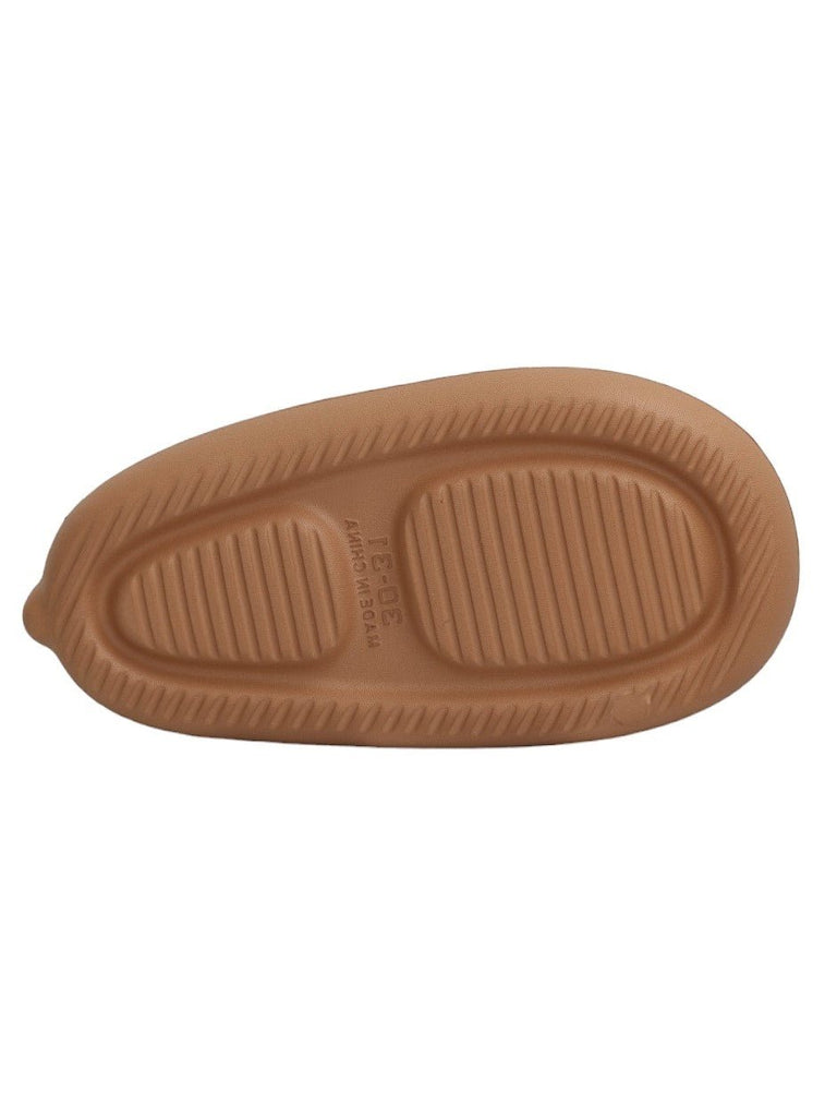 Sole View of the playful puppy face print on Yellow Bee Brown Kids' Sliders