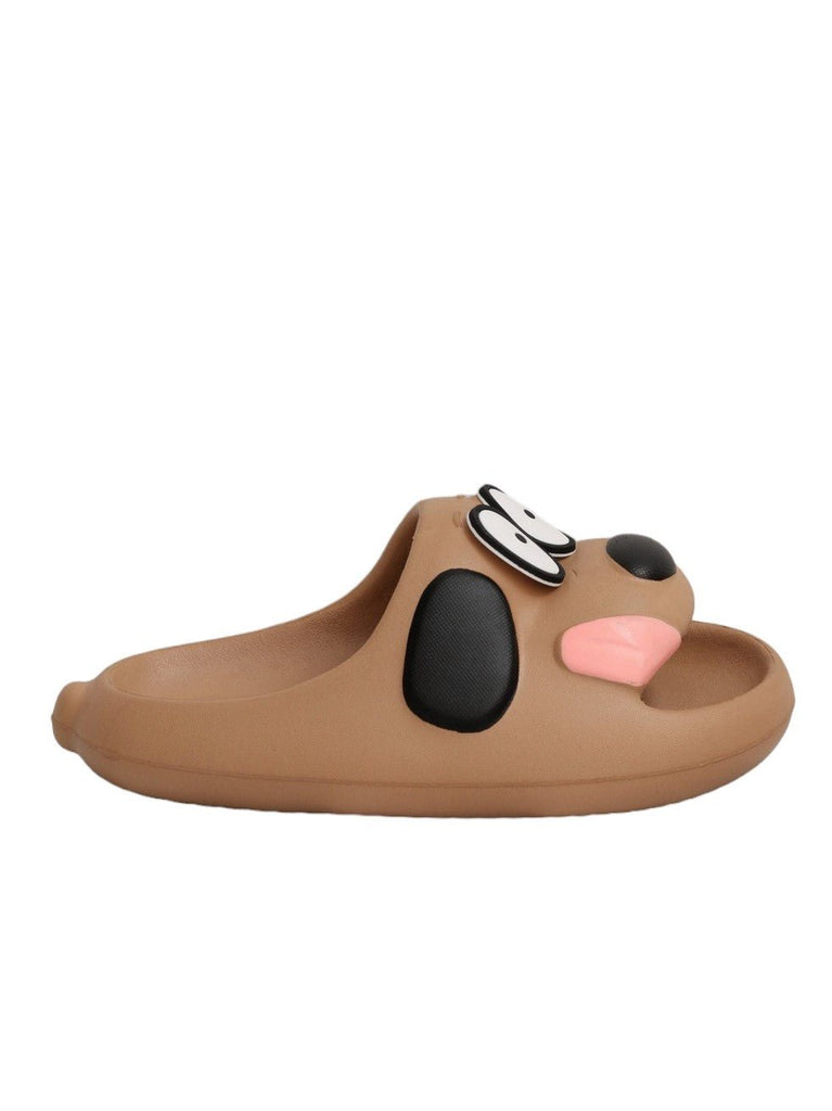 Side view of Yellow Bee Brown Kids' Sliders with Playful Puppy Face Print
