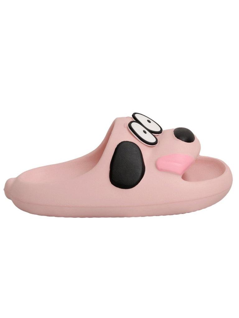 Side view of the cute puppy face print on the Yellow Bee Pink Kids' Sliders