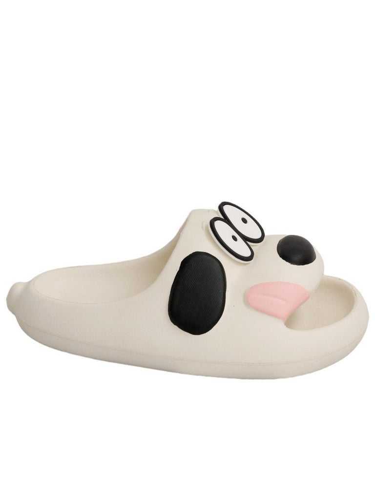 Bottom side view of Yellow Bee Cream Kids' Sliders with a playful puppy face print